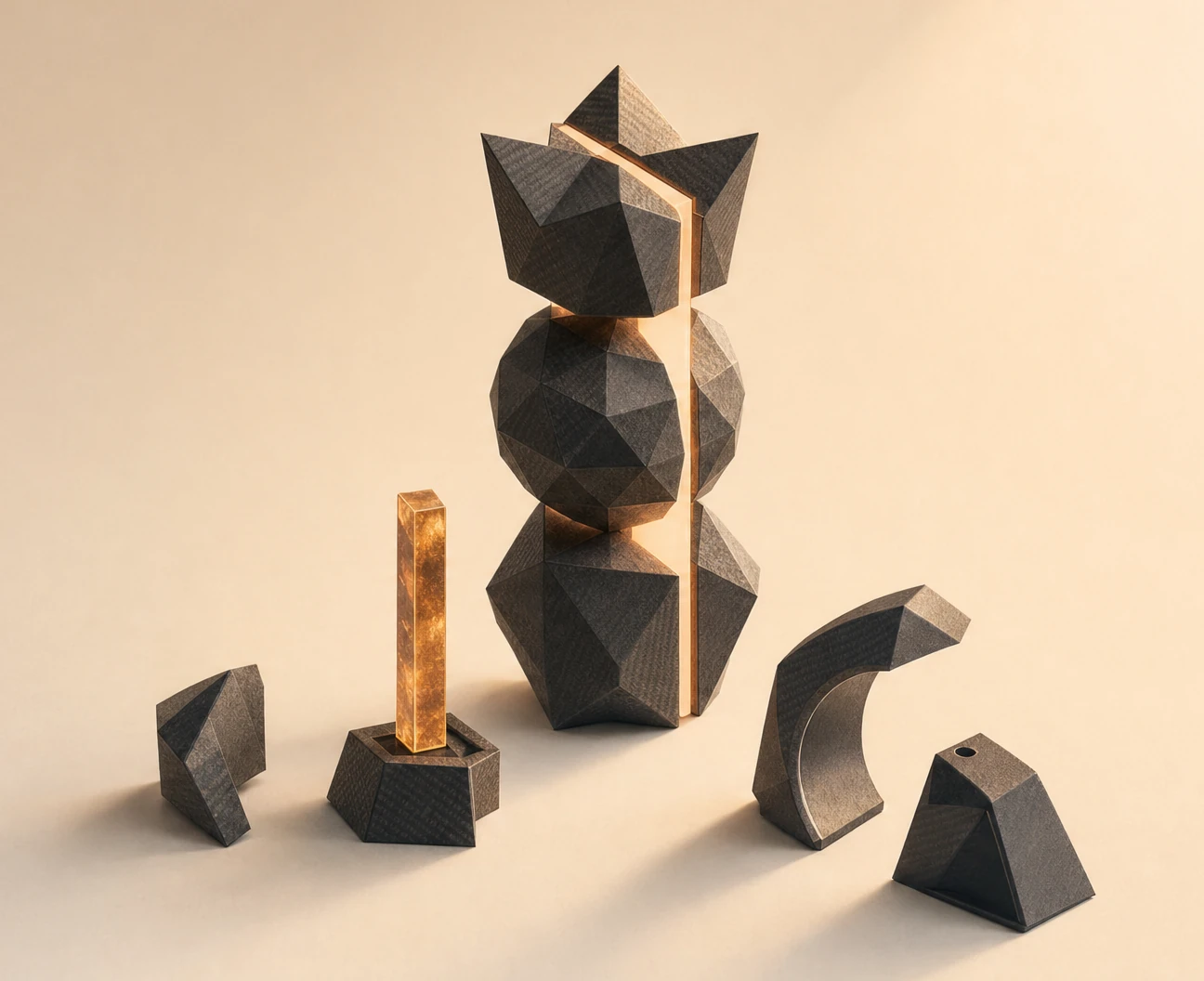 An abstract angular assembly in bone, carbon and orange, used as a conceptual study for AGUMON.