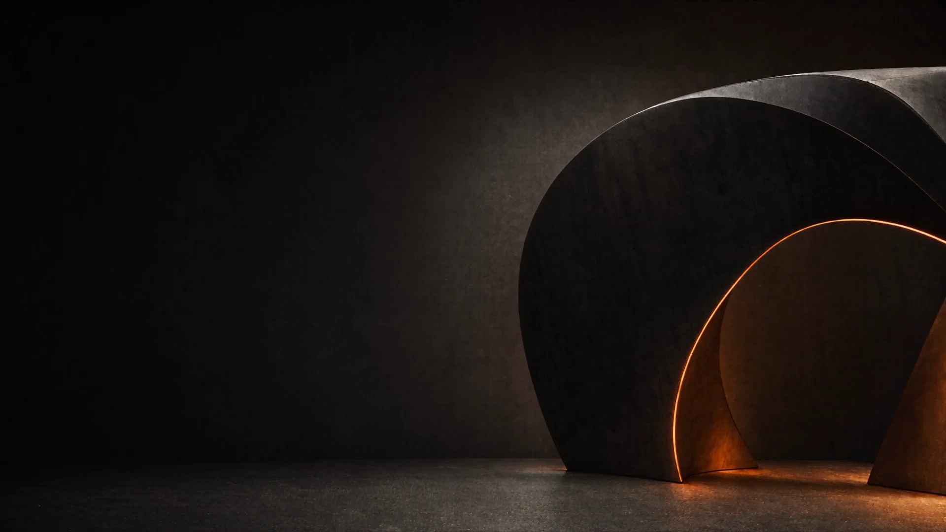 AI-generated folded blackened-steel architecture, its inner seam illuminated in filament orange.