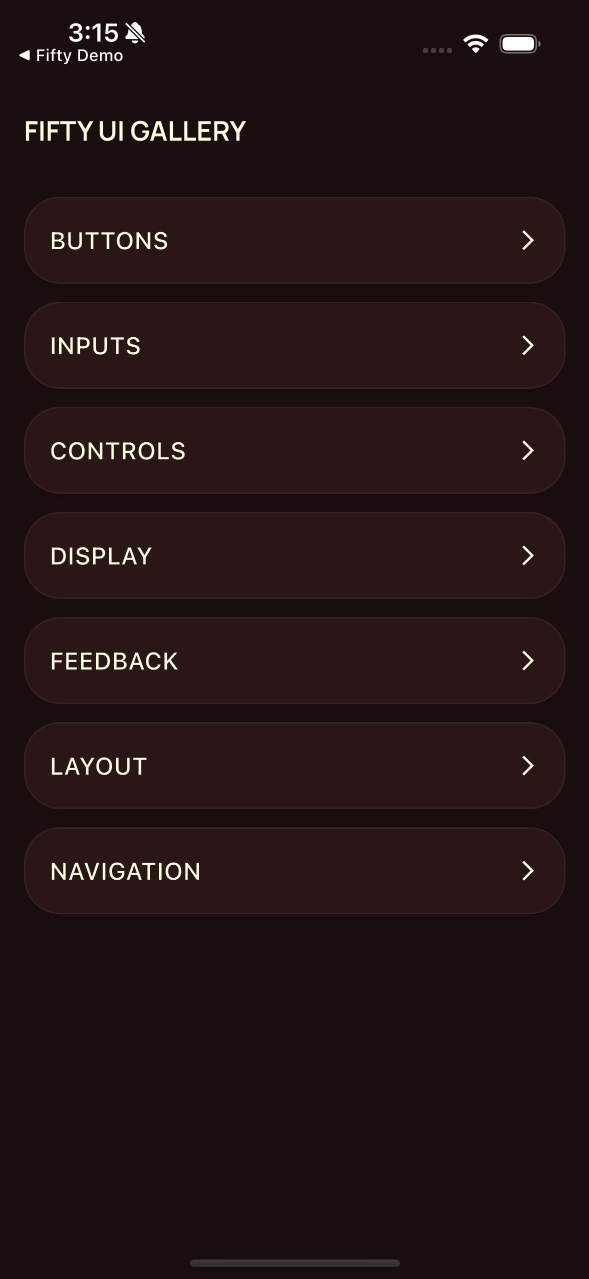 Fifty UI Gallery source screenshot with buttons, inputs, controls, display, feedback, layout and navigation.