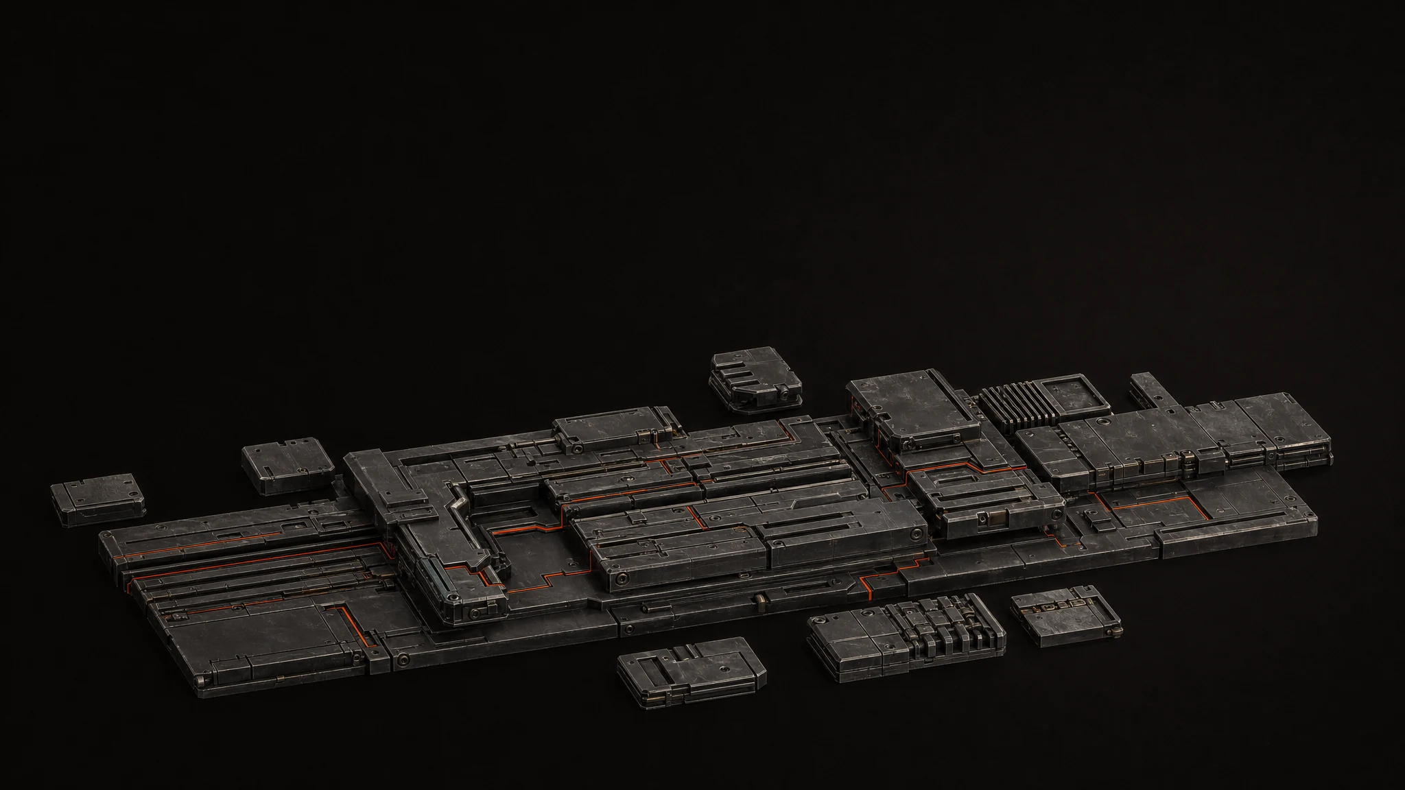 Conceptual broad modular metal assembly with independent plates on a shared foundation.