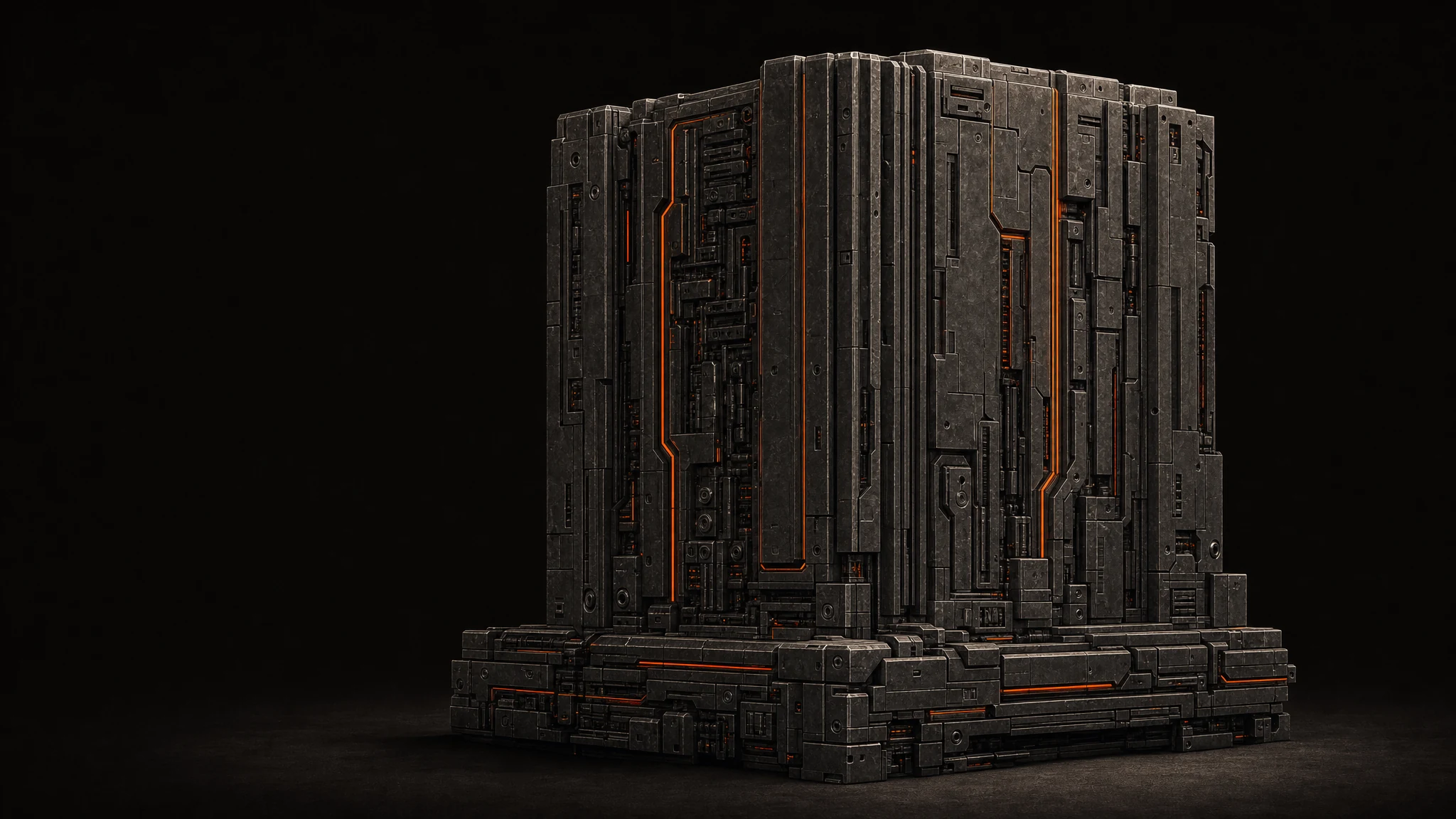 A conceptual dark archive core, built from durable machined plates with fine orange seams.