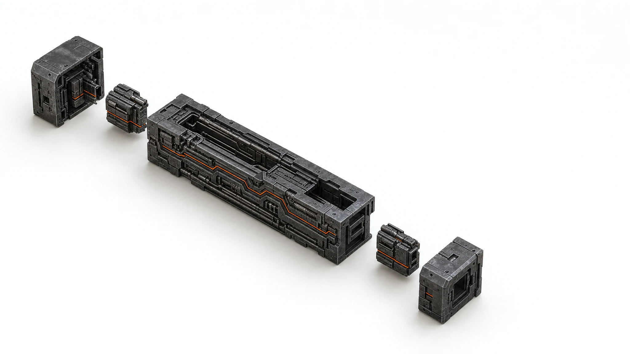 Conceptual exploded metal assembly on a bone-colored ground, illustrating separable runtime boundaries.