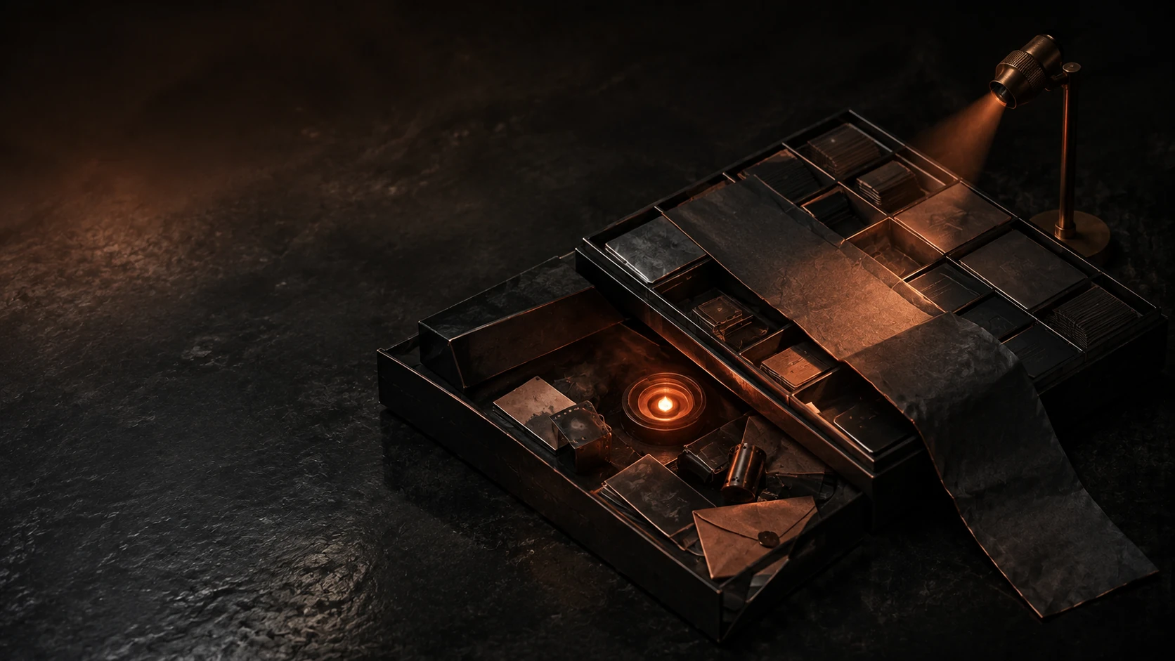 Generated editorial concept: a flat card-shaped structure opens into a layered writing system under a copper work light.
