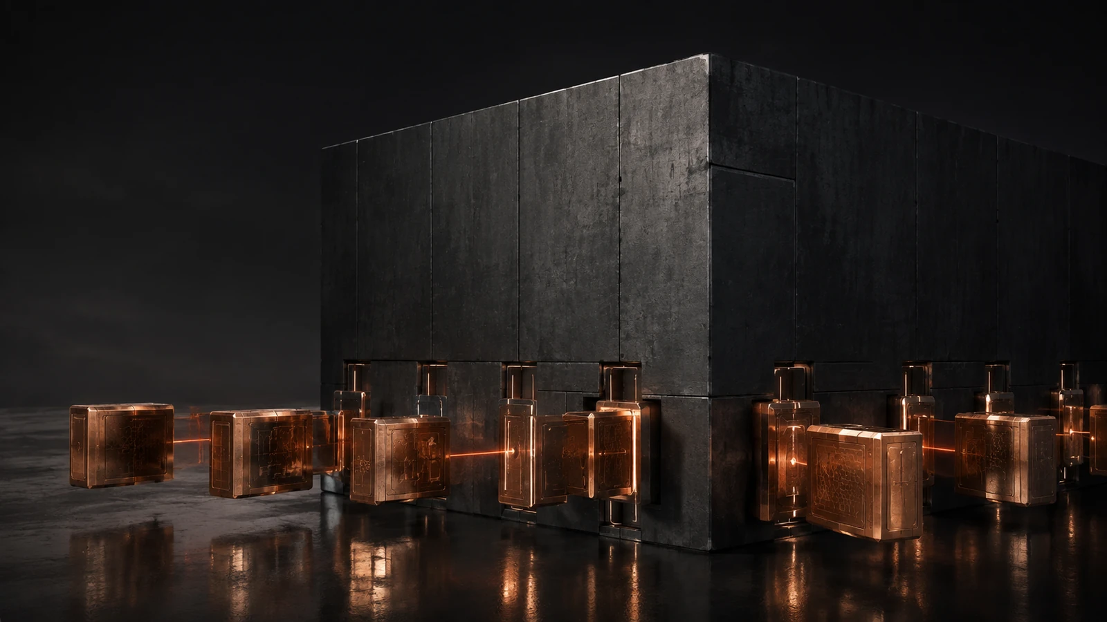 Generated editorial concept: copper-lit modules approach a narrow opening in a charcoal architectural block.