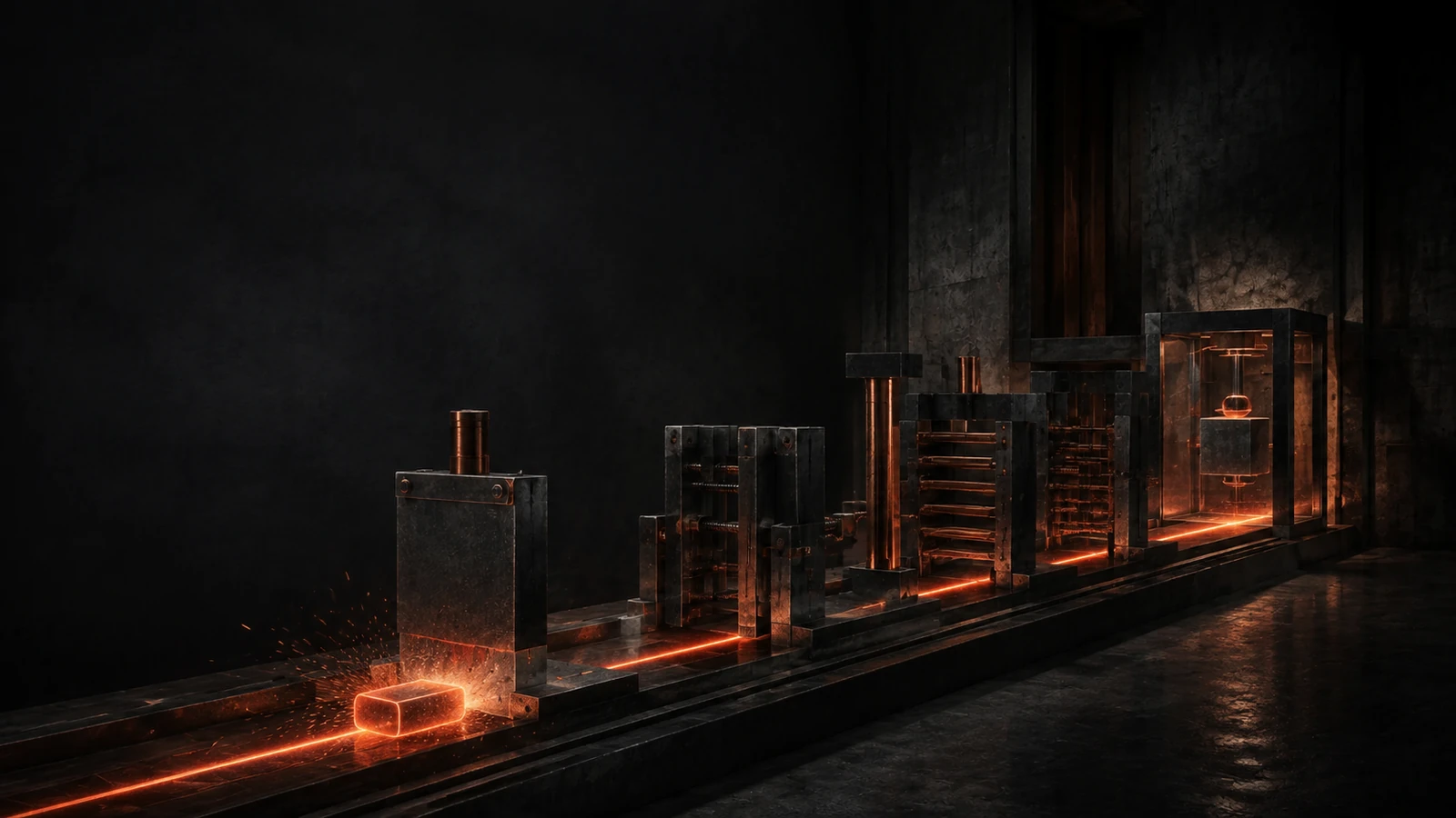 Generated editorial concept: a sequence of stone and glass gates interrupts an illuminated path.