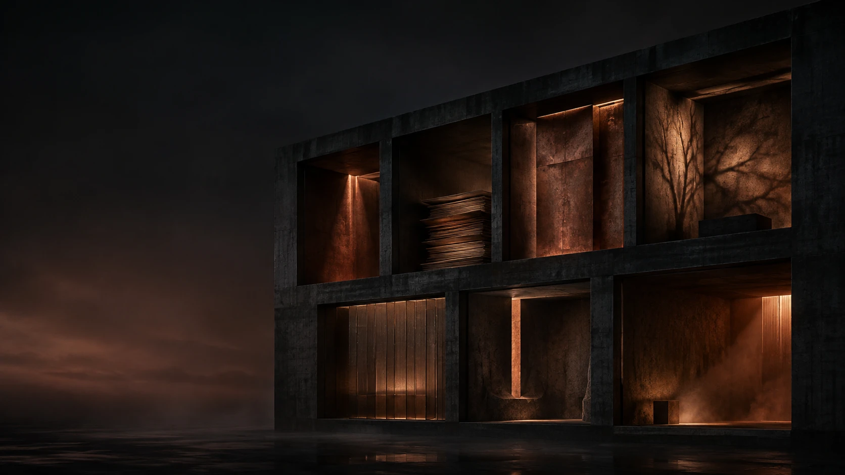 Generated editorial concept: seven rooms in a dark architectural facade, each holding a different part of work-state.