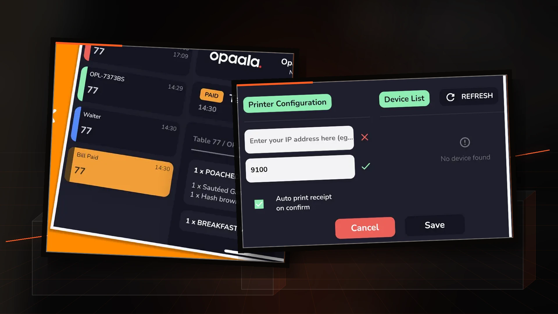 Editorial composition of actual Opaala App Store screenshots showing table orders and thermal-printer configuration.