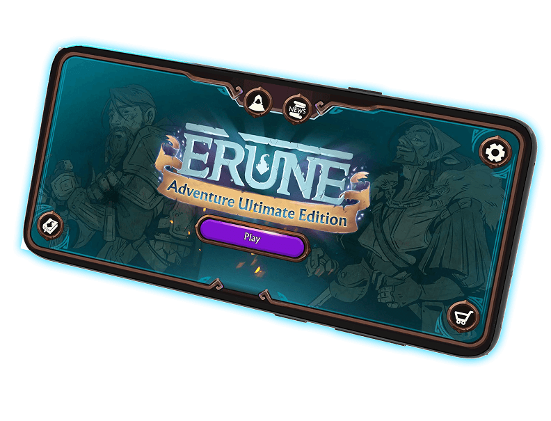 Tilted device mockup showing Erune Adventure Ultimate Edition’s title, purple Play button and controls.