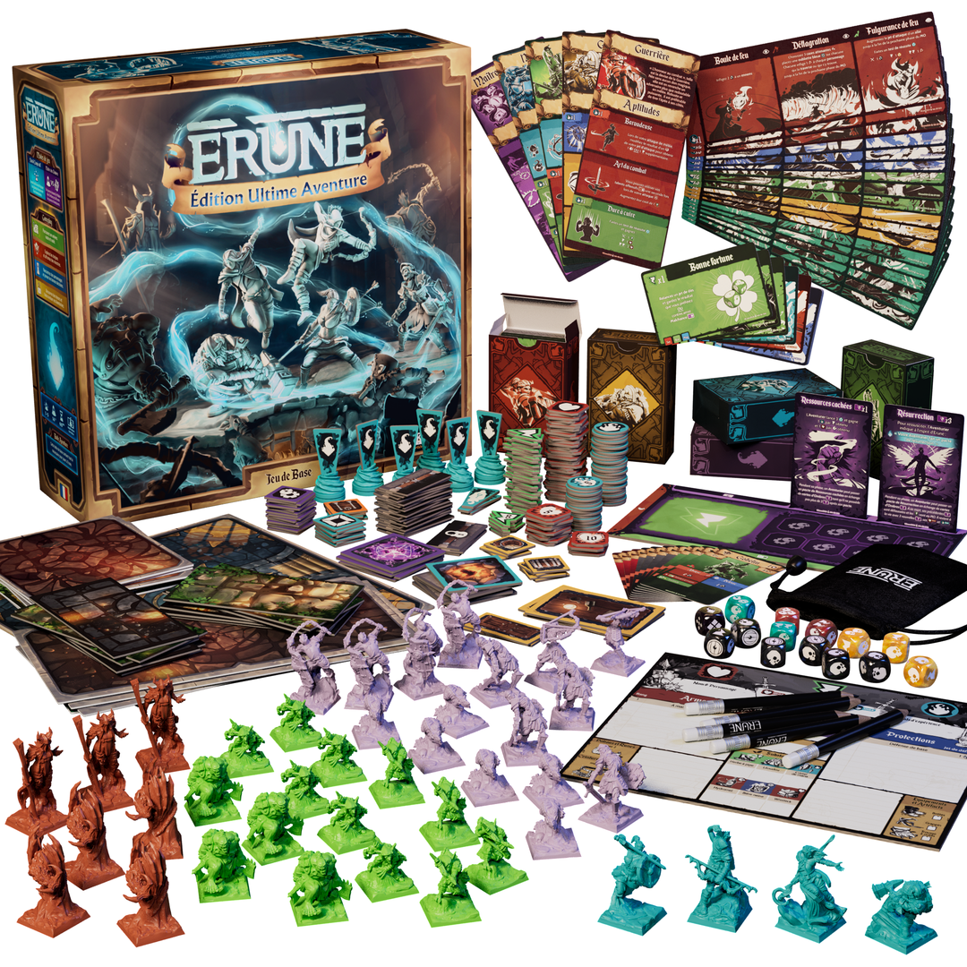 Erune Adventure Ultimate Edition box with cards, tokens, dungeon tiles, miniatures and dice.