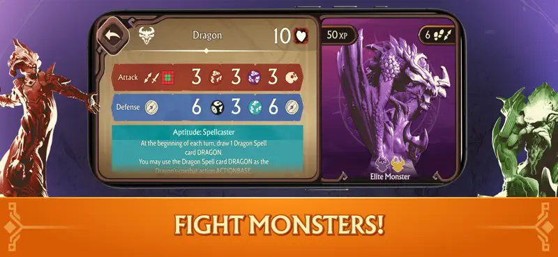 Erune promotional composite with Dragon statistics and abilities on a device, character art and a Fight Monsters banner.