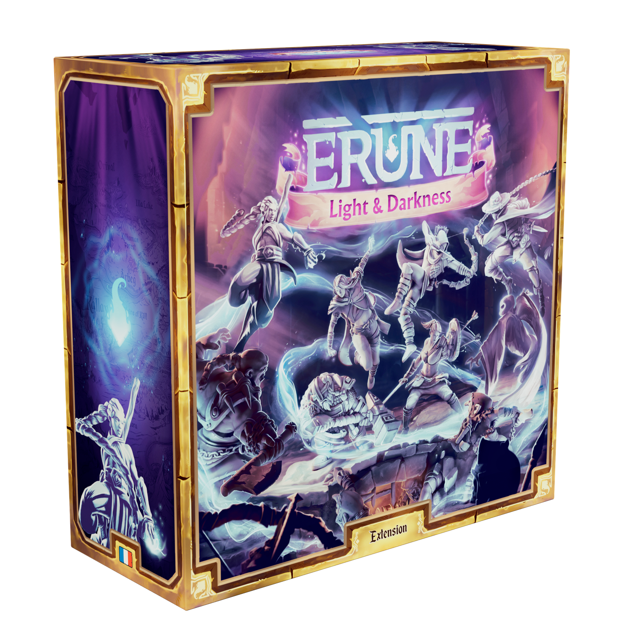 Angled purple Erune Light & Darkness expansion box with its title visible.