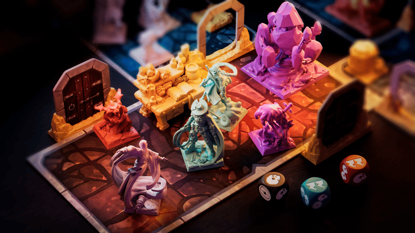 Erune dungeon tiles laid out with colored miniatures, furniture and dice.