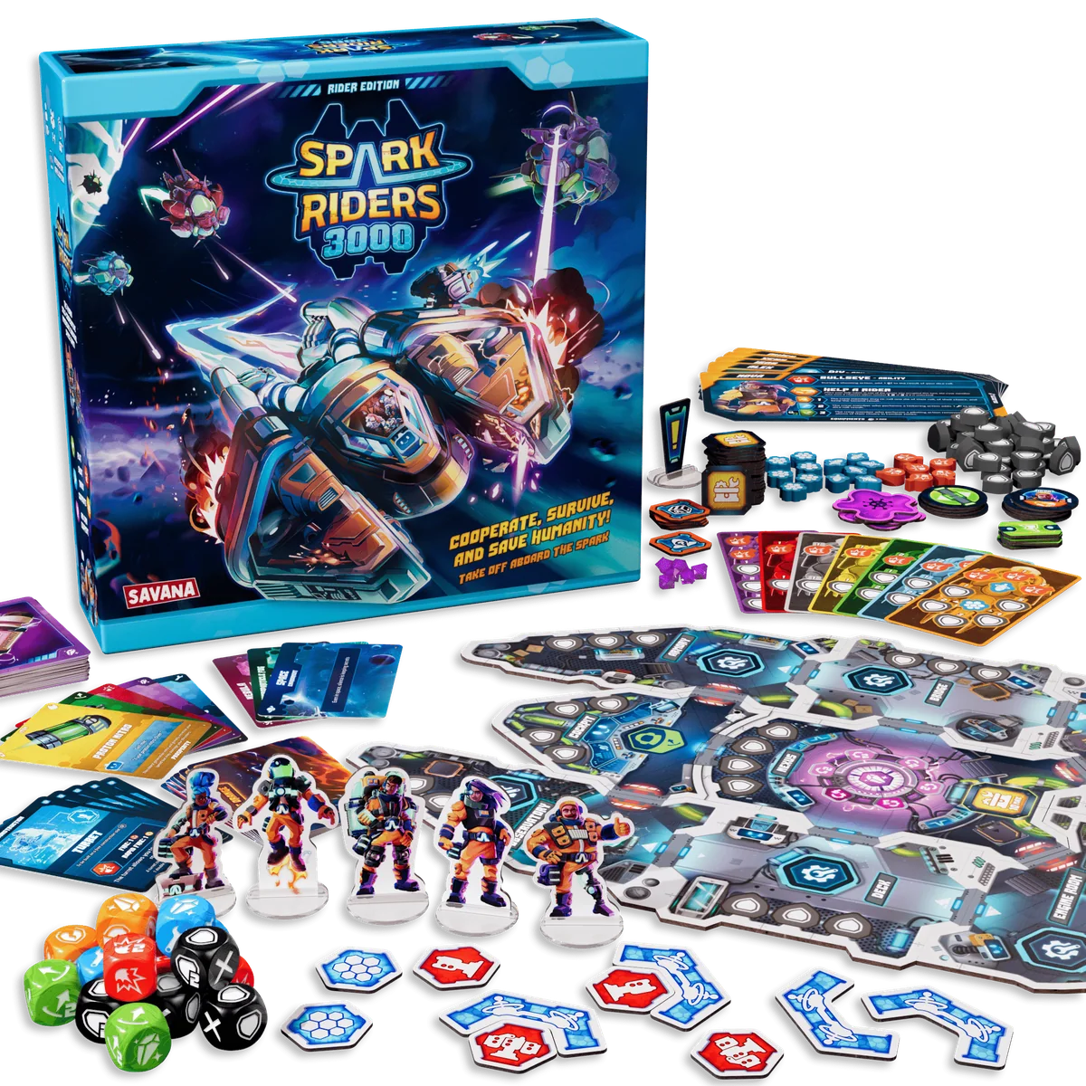 Spark Riders 3000 box with spaceship board, standees, cards, dice and tokens arranged.