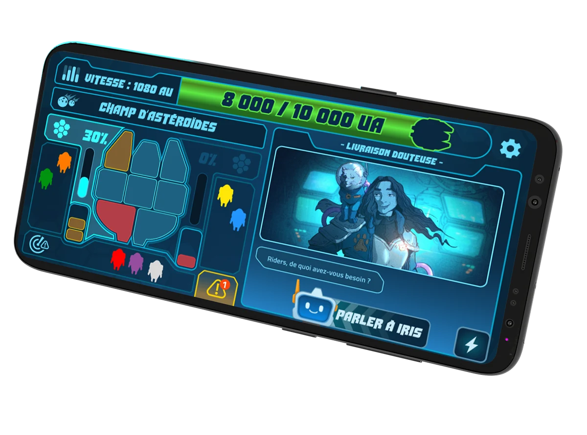 angled phone showing French ship status, a communication portrait and the parler à IRIS control.