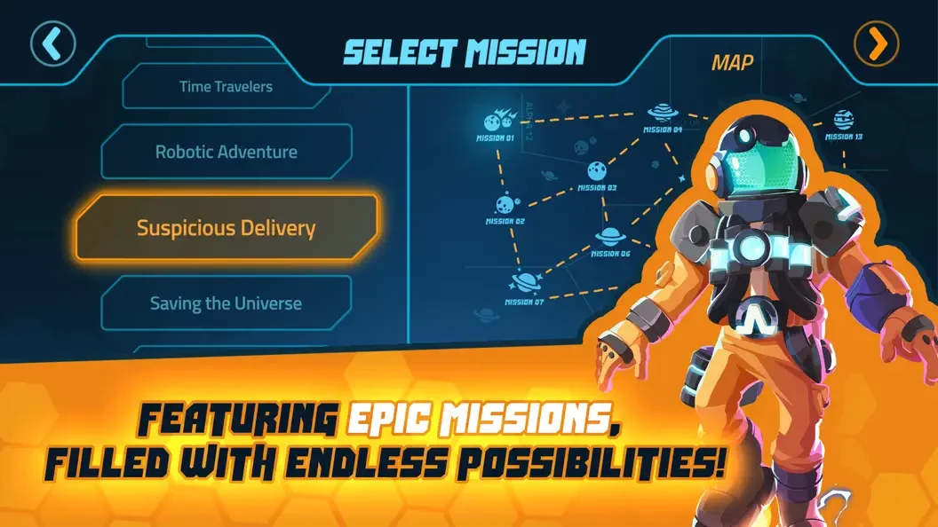 English mission list and map beside an illustrated character in Spark Riders 3000 App Store promotional artwork.