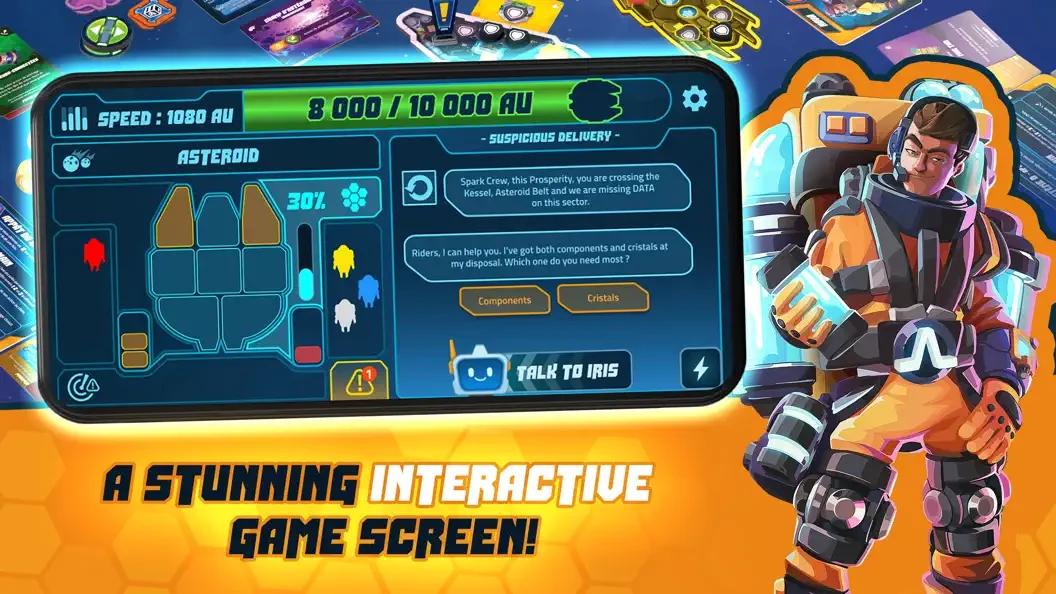 English ship-status interface with dialogue choices and a talk-to-IRIS control, surrounded by promotional illustration.